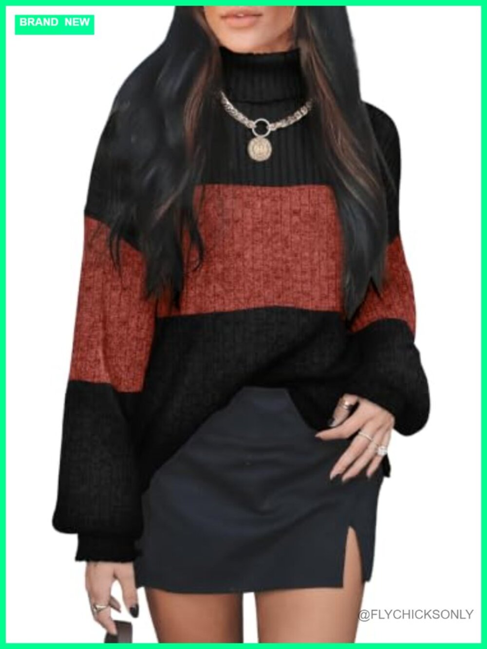 Womens Oversized Turtleneck Sweater Color Block Tunic Long Sleeve